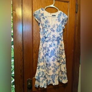 Tommy Hilfiger Flutter Sleeve V-Neck Floral Fit Flare Dress Pink Blue Womens 4